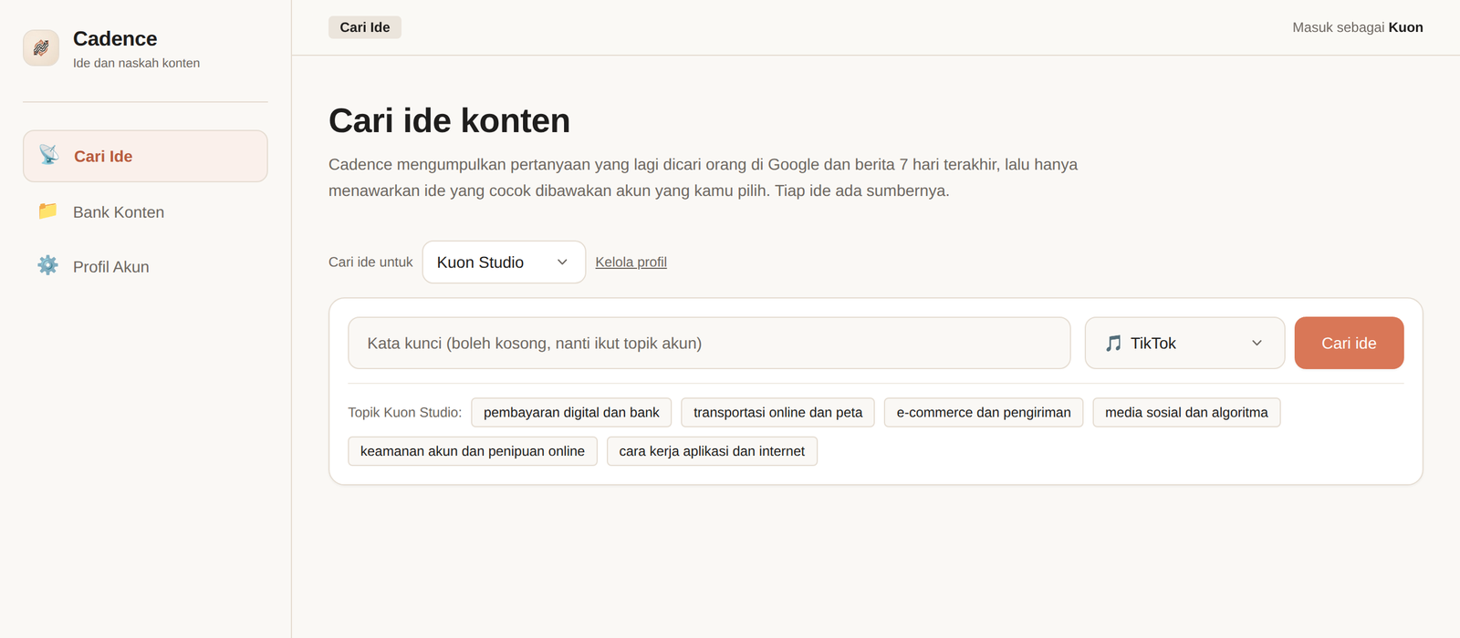 Halaman Cari ide di Cadence untuk profil Kuon Studio, dengan topik akun sebagai pilihan cepat